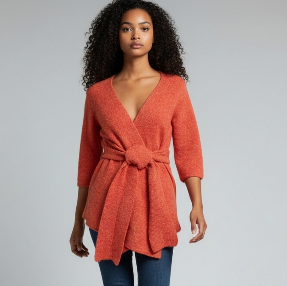Anthropologie Canary Graceful Points Wool Cardigan Orange Cinch Tie Belt XS